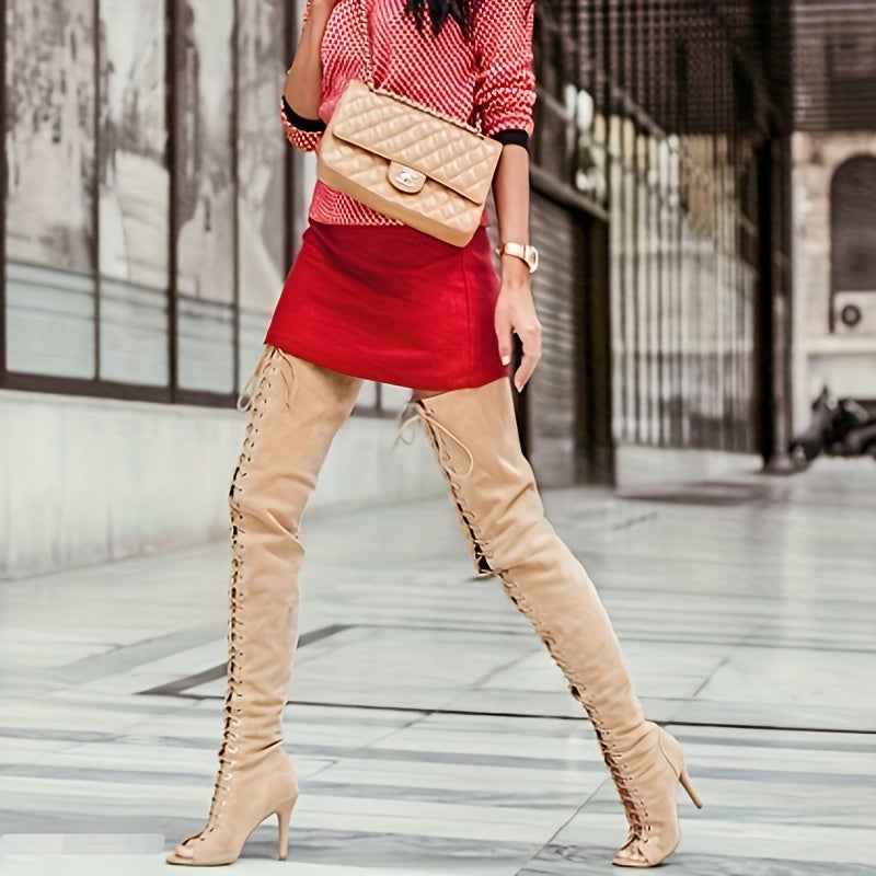 Faux Suede Thigh-High Lace-Up Boots – 12cm Stiletto