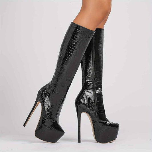 Patent Leather Crocodile-Embossed Long Boots – 17cm Stiletto Heel