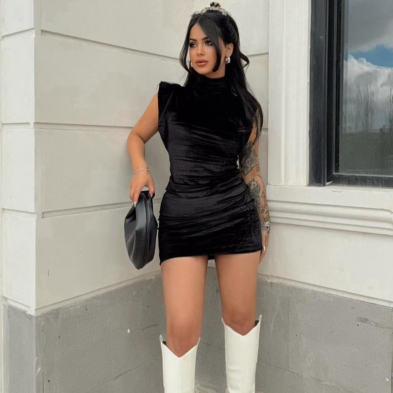 Faux Suede Turtleneck Flounce Sleeve Sheath Dress