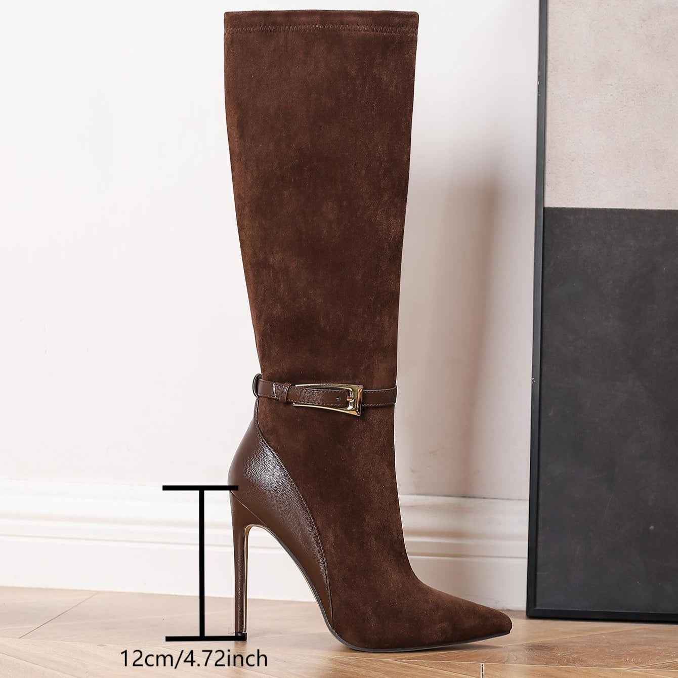 Faux Suede Brown Knee-High Stiletto Boots with Faux Leather Heel