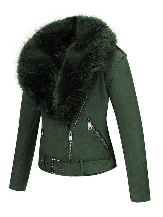 Faux Suede Short Jacket with Faux Fur Collar