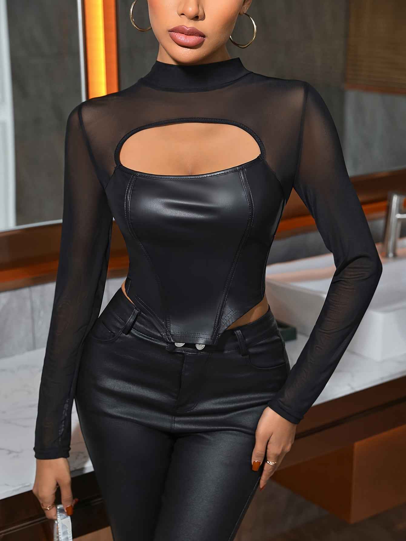 Faux Leather Corset-Style Top with Sheer Contrast Panels