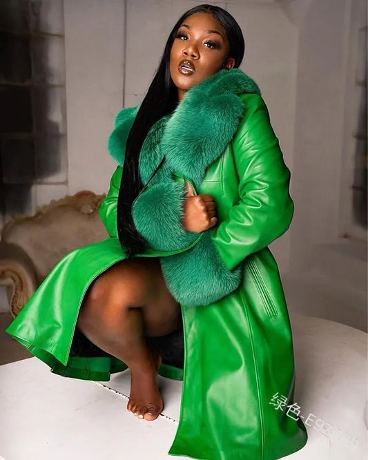 Bright green faux leather coat with fur collar, perfect for stylish layering in cold weather