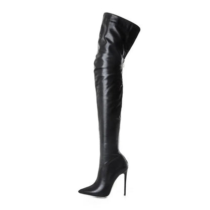 Stylish faux leather over the knee boots with stiletto heels for a chic look