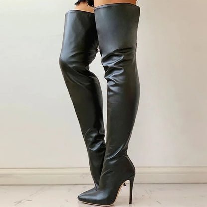 Stylish faux leather over the knee boots with high heels for a trendy look
