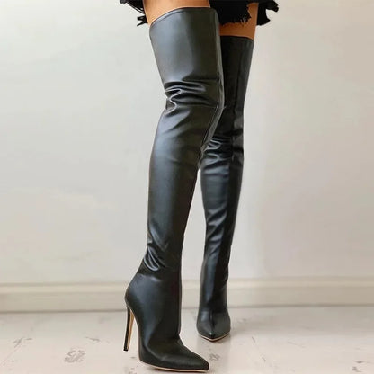 Stylish faux leather over the knee boots with high heels for a chic and fashionable look