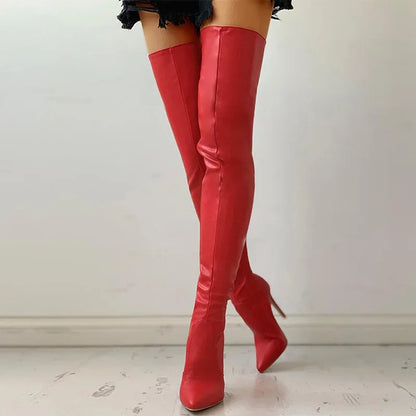 Bold red faux leather over the knee boots with a sleek design for a stylish look