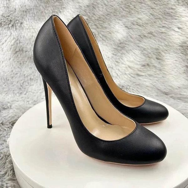 Black Matte Faux Leather Round Toe High Heels - Your Shiny Clothes