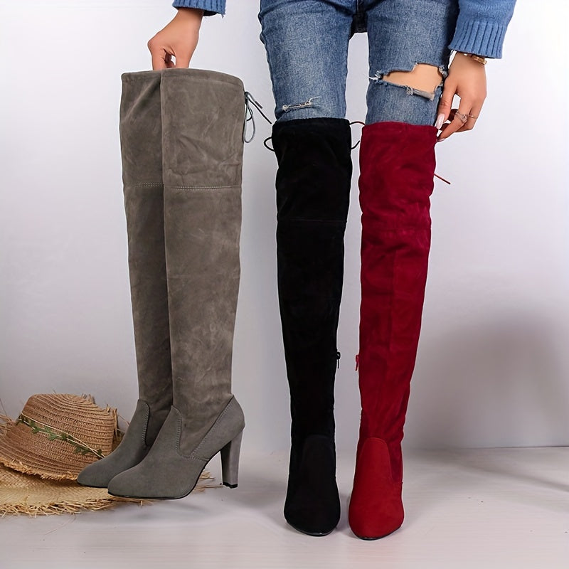 Block Heeled Faux Suede Over The Knee Boots