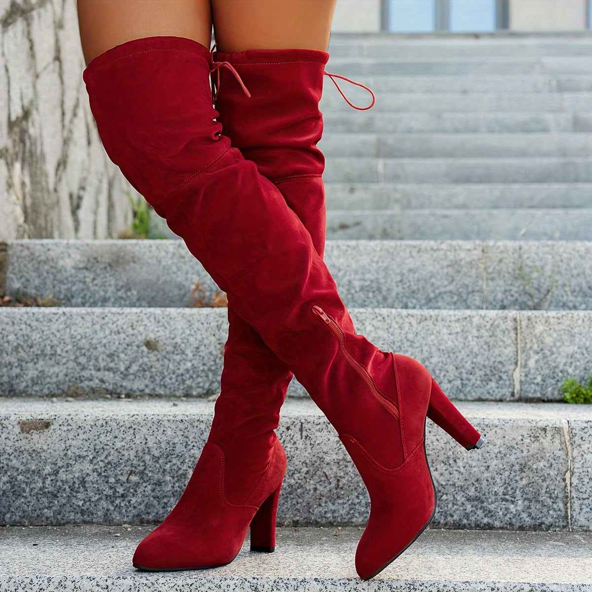 Solid Color Faux Suede Side Zipper Over-the-Knee Boots