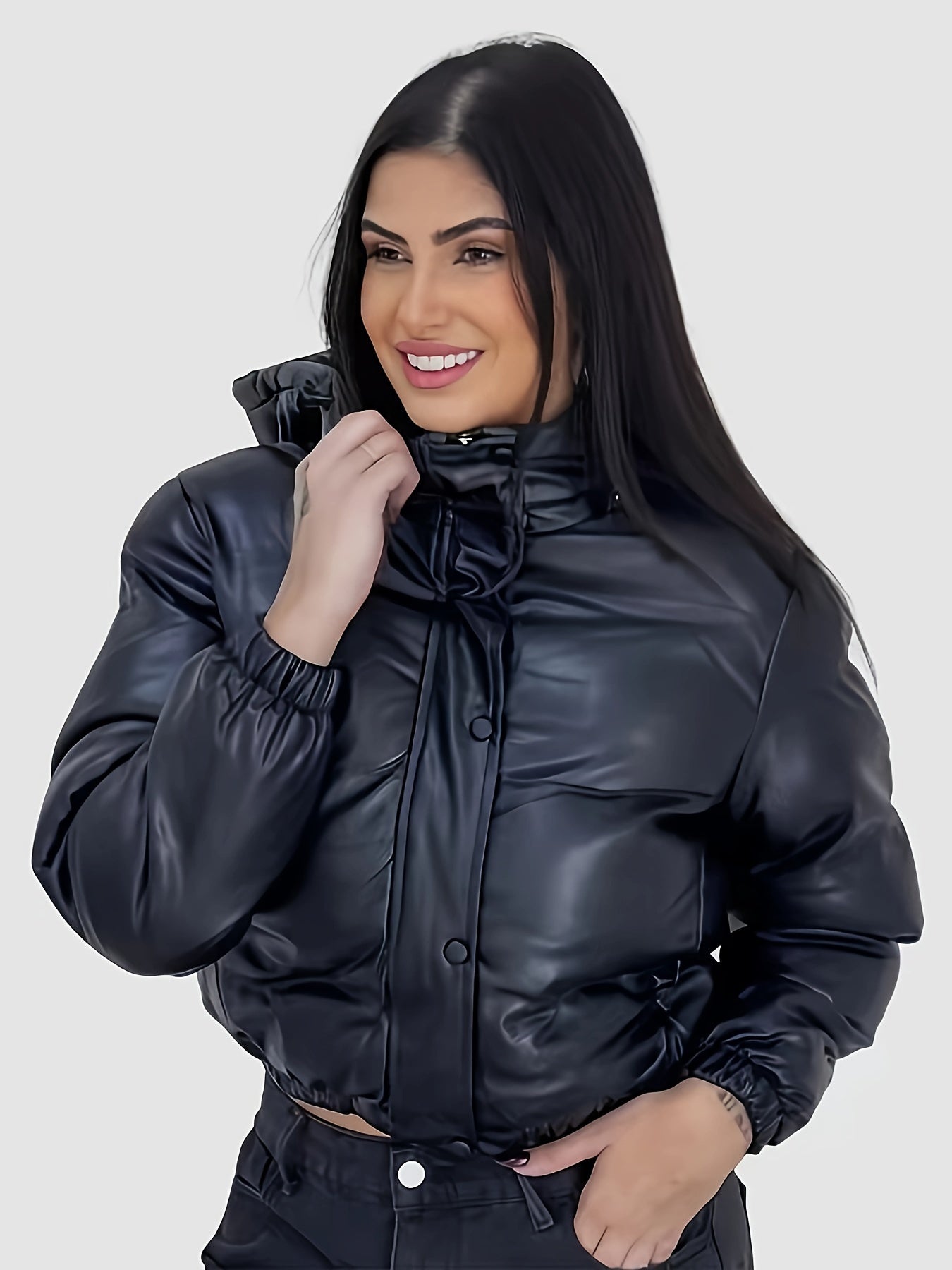 Solid Colour PU Leather Hooded Jacket