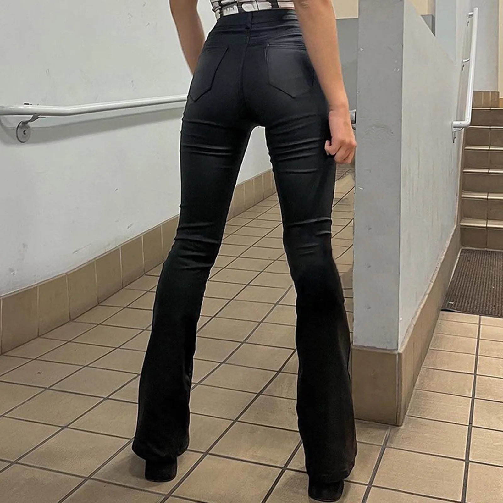 Flared PU Leather Casual Trousers in Black, featuring a stylish fit for everyday wear