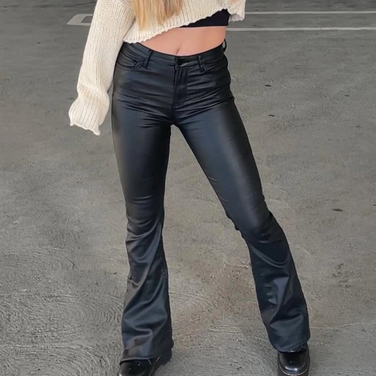 Flared PU Leather Casual Trousers in Black styled with a cropped sweater for a trendy look