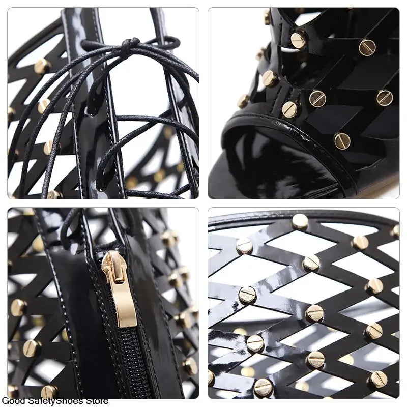 Stylish gladiator over the knee boots with gold accents and open-toe design from Your Shiny Clothes