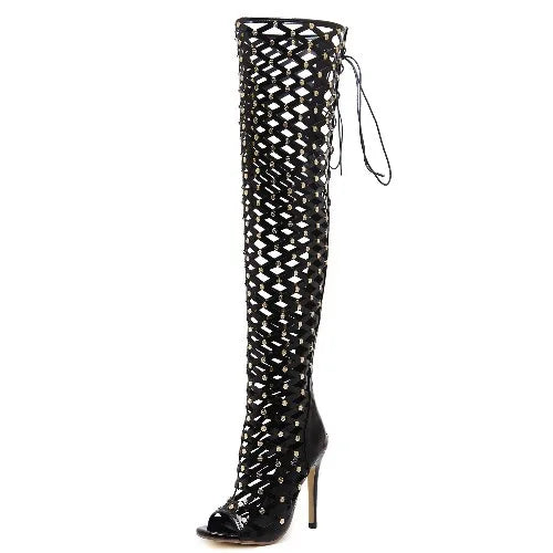 Stylish gladiator over the knee boots with a high heel and intricate cutout design