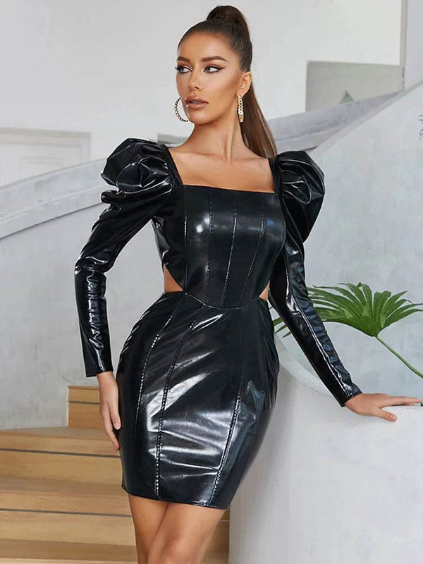 Glossy Patent Leather Puff Sleeve Mini Dress - Your Shiny Clothes