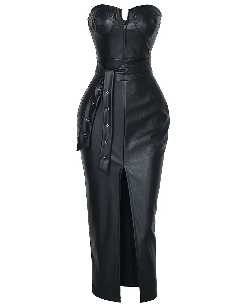 Elegant high slit faux leather dress in black with a corset bodice and belted waist