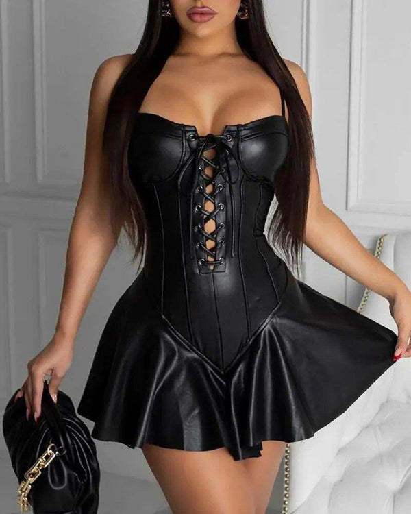 Lace Up Faux Leather Dress - Your Shiny Clothes