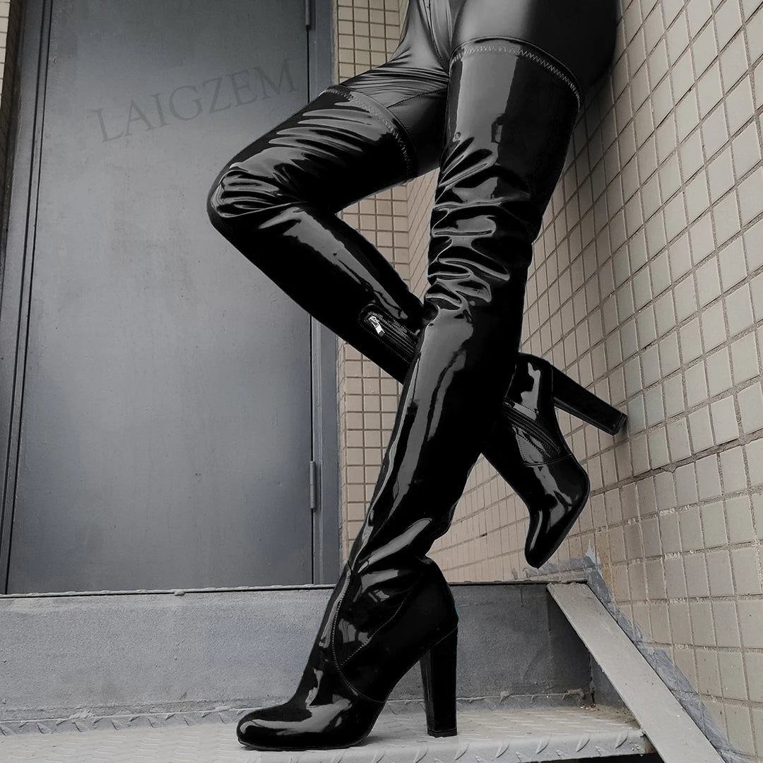 Stylish shiny thigh high boots with a chunky heel, perfect for fashionable outfits