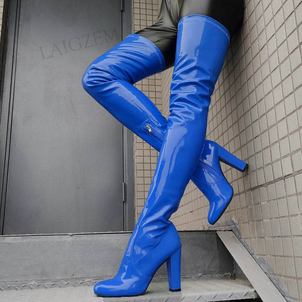 Shiny Thigh High Chunky High Heel Boots - Your Shiny Clothes