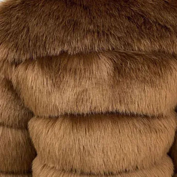 Luxury faux fur coat in a rich brown color with a plush, textured finish