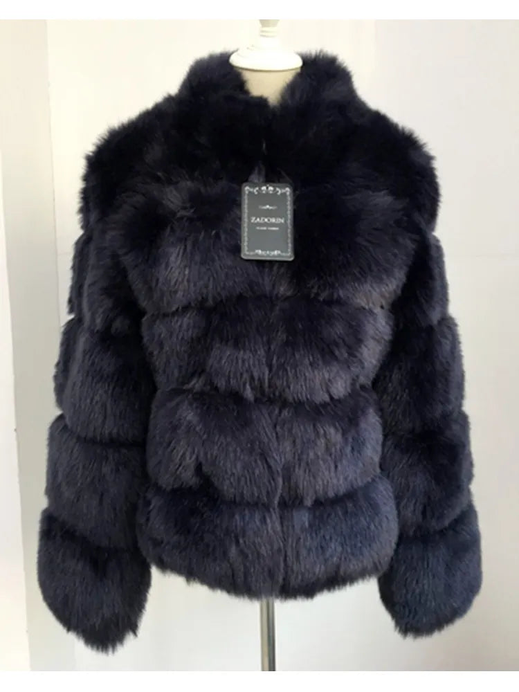 Luxury faux fur coat in dark gray with puffy design for warmth and style