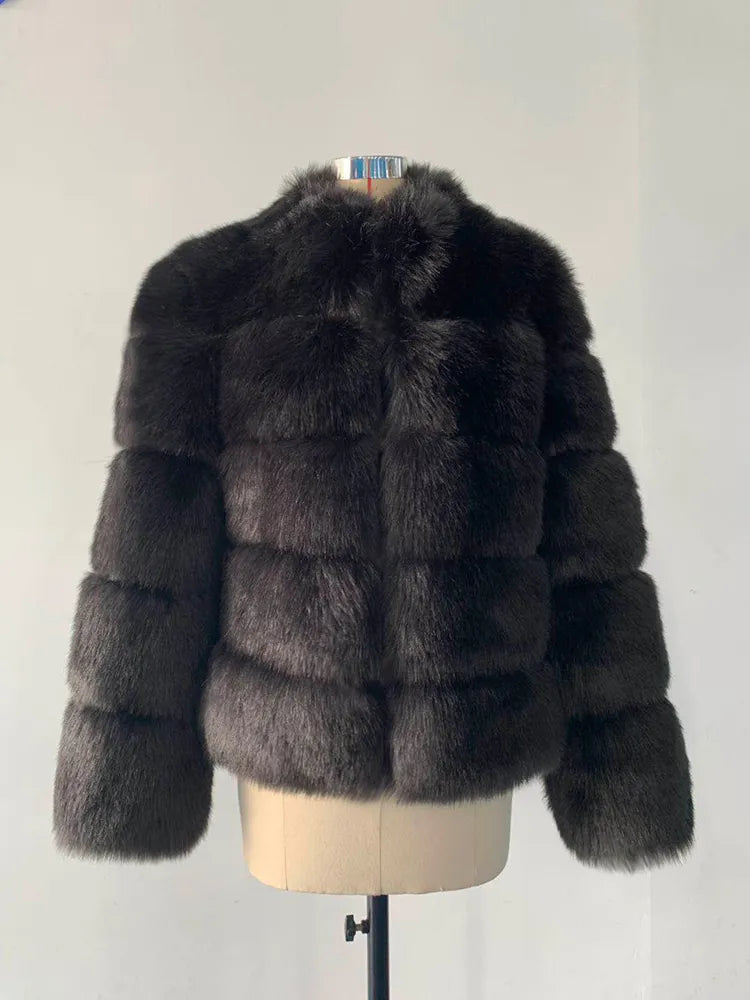 Luxury faux fur coat in dark gray with a plush texture and stylish silhouette
