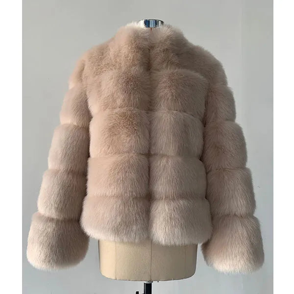 Luxury faux fur coat in soft beige with a plush, oversized design for winter elegance
