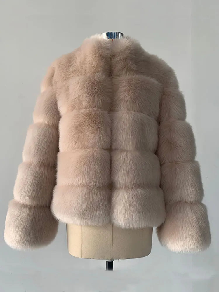 Elegant luxury faux fur coat in soft beige with a chic quilted design for a sophisticated look