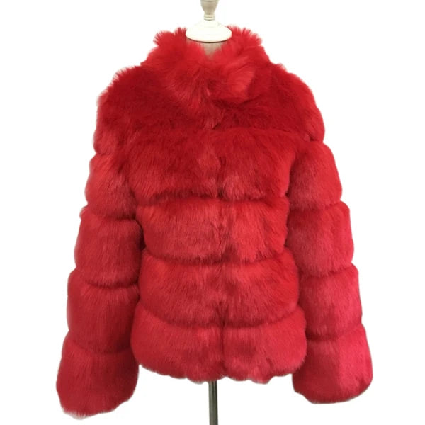 Red luxury faux fur coat with a plush texture and oversized collar for a stylish winter look