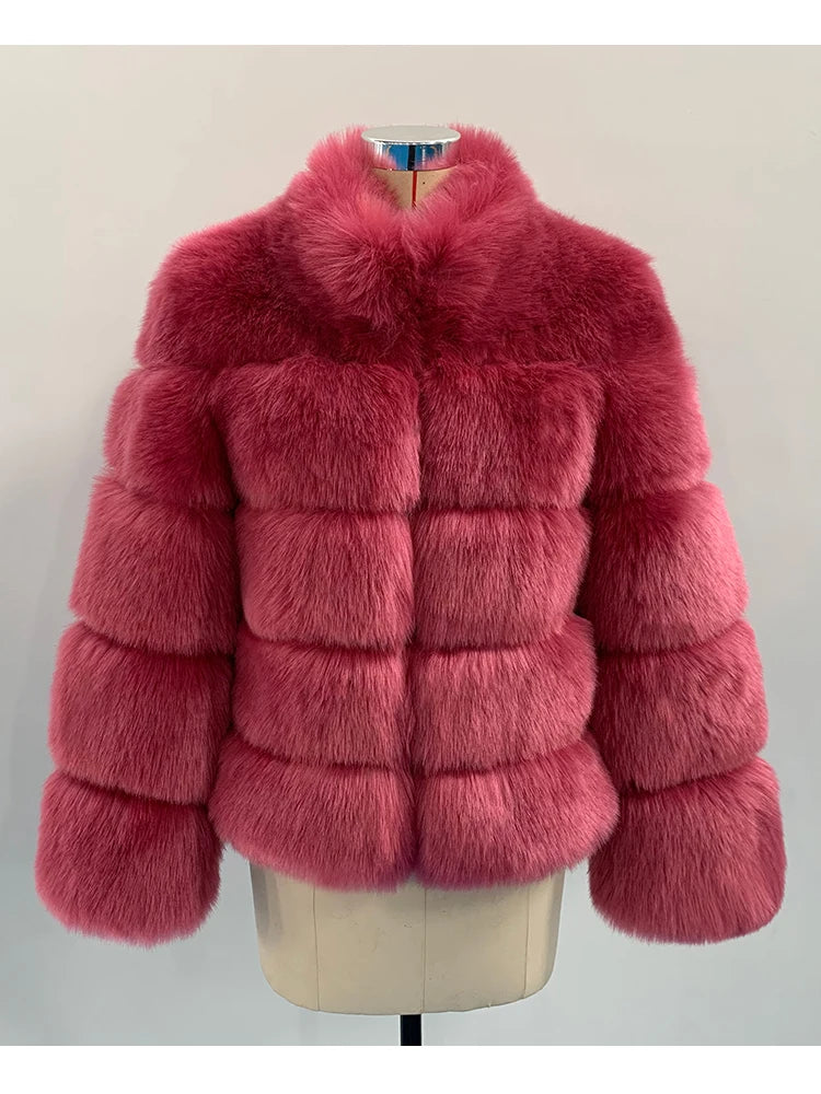 Luxury faux fur coat in vibrant pink with a plush, padded design for a stylish winter look
