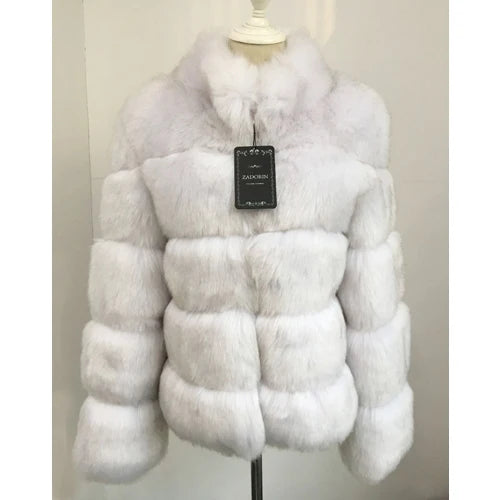 Stylish white luxury faux fur coat featuring a plush design and zip-up front for elegance