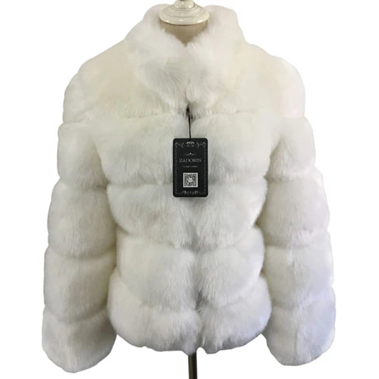 Stylish white luxury faux fur coat with a plush texture for elegant winter wear