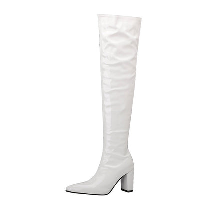 Over the knee leather boots in white with a sleek design and chunky high heel from Your Shiny Clothes