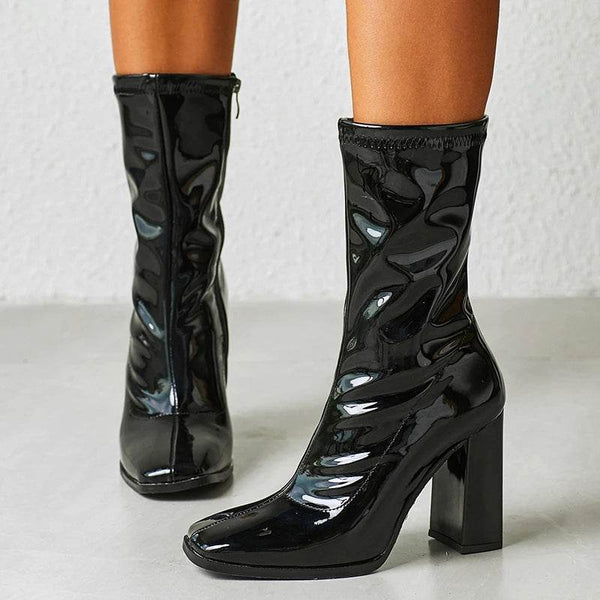 Patent Leather Square Toe Chunky Heel Ankle Boots - Your Shiny Clothes