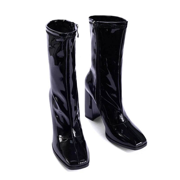 Patent Leather Square Toe Chunky Heel Ankle Boots - Your Shiny Clothes