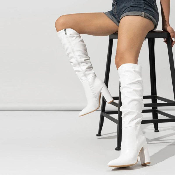 Pink Pleated Faux Leather Knee High Boots - Your Shiny Clothes
