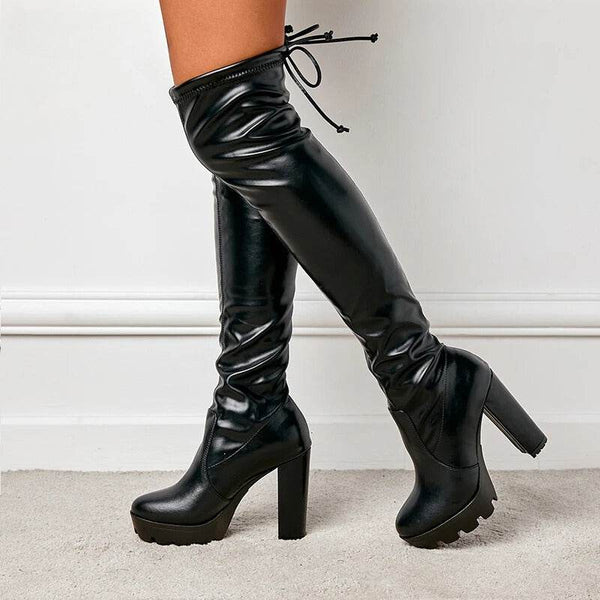Platform Faux Leather Over The Knee Boots - Your Shiny Clothes