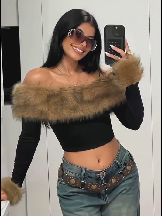 Cozy Off-Shoulder Long Sleeve Faux Fur Collar Top