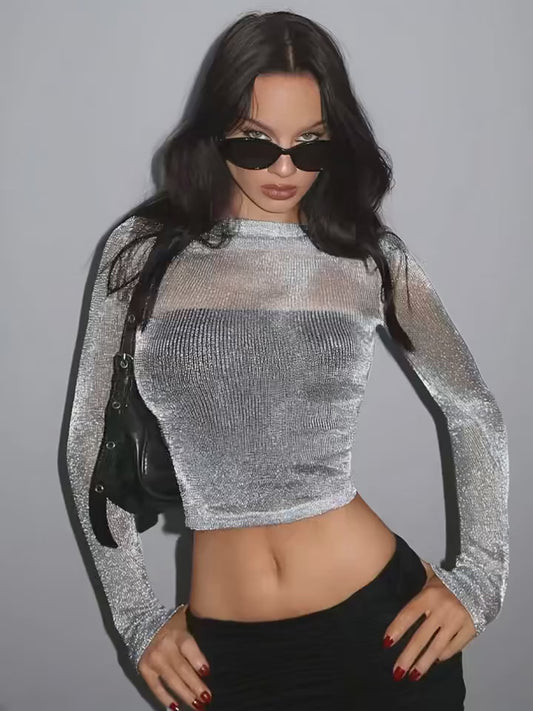 High Elasticity Semi-Sheer Long Sleeve Top