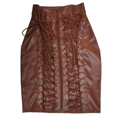 Brown PU leather lace skirt featuring a stylish lace-up front design for a trendy look