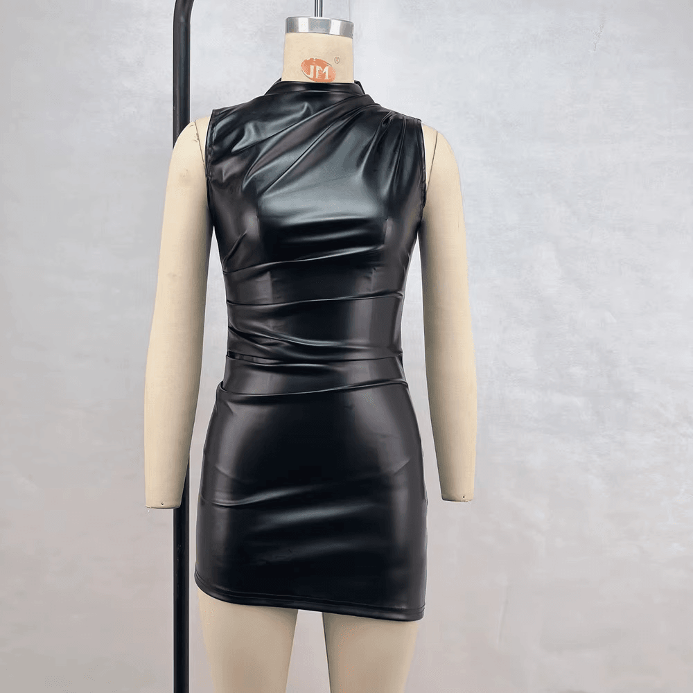 PU Leather Stand Up Collar Sleeveless Pleated Dress - Your Shiny Clothes