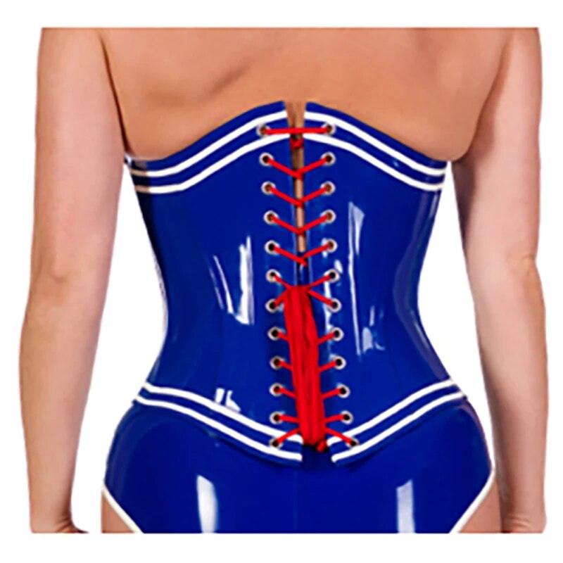 Blue Latex Corset With Back Lacing And Front Zipper - Your Shiny Clothes
