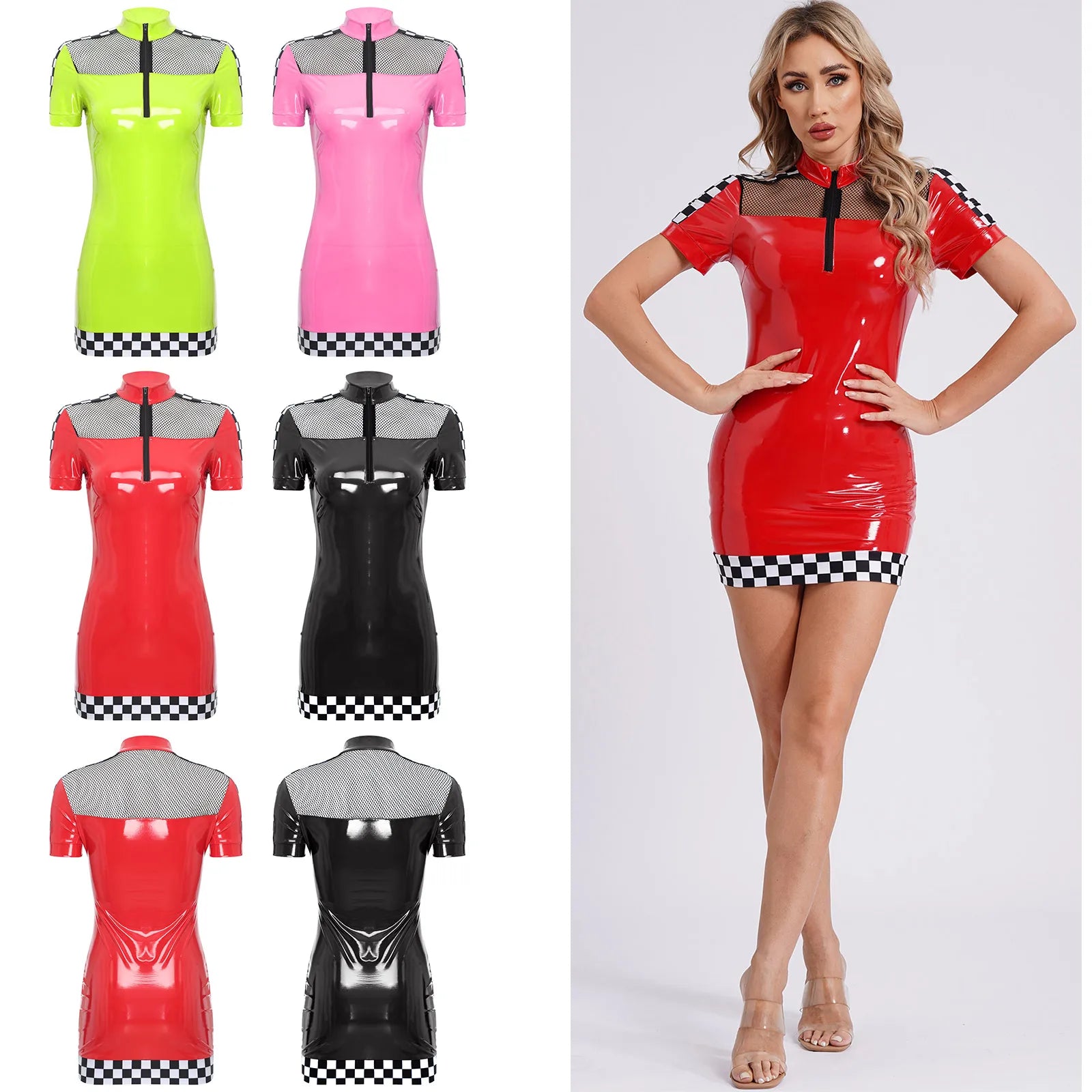 Racing Driver PU Leather Mini Dress in multiple colors with checkered detailing and short sleeves