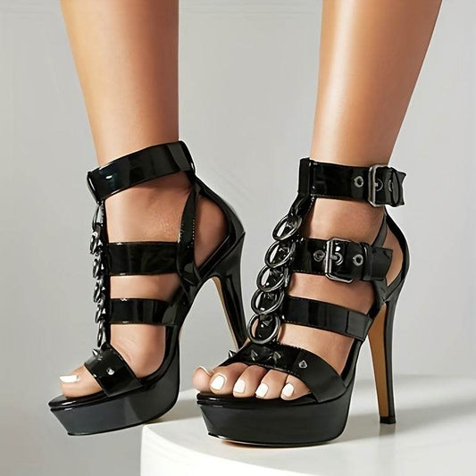 Stylish Rivet Decor Open Toe Ankle Strap Stiletto Sandals - Your Shiny Clothes