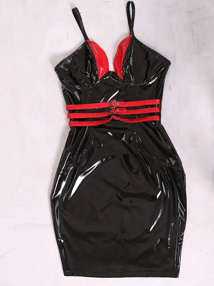 Shiny PU leather spaghetti strap dress with red accents and a fitted silhouette for evening wear