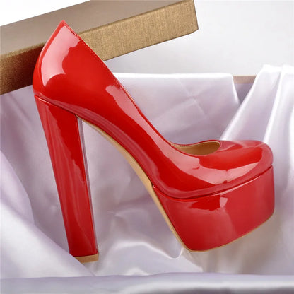 Stylish red patent leather platform heels with a high block heel for a chic look
