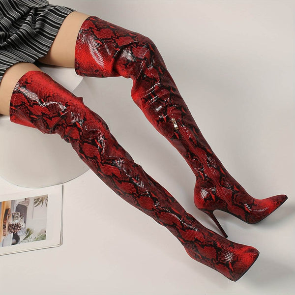 Snakeskin Print Over-the-Knee Boots with Side Zipper - Your Shiny Clothes