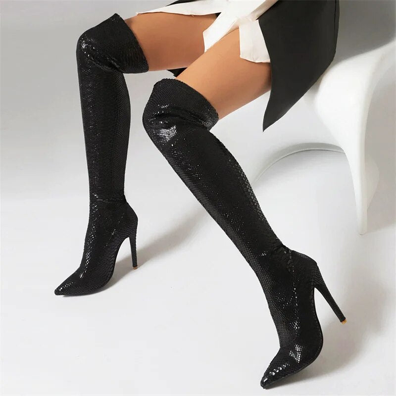 Snakeskin Over the Knee Boots - Your Shiny Clothes