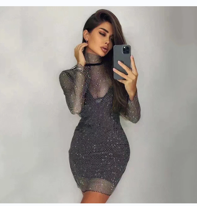 Rhinestone Mid-length High Neck Glitter Dress with Sheer Sleeves and Bodycon Fit for Glamorous Occasions